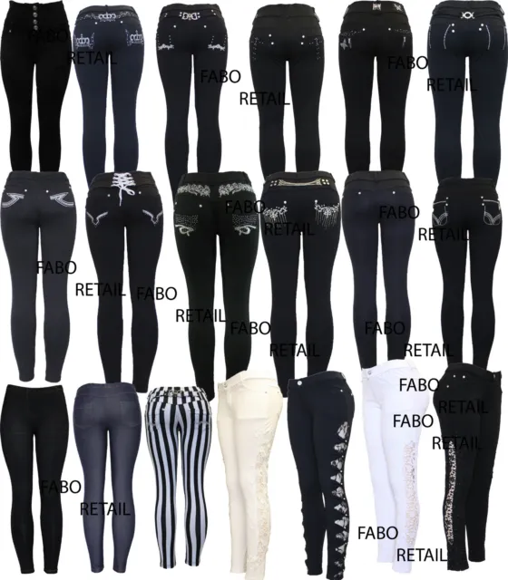 Leggings jeans taglie forti nuovi donna neri corona ricamo fibbia jeans 8-26