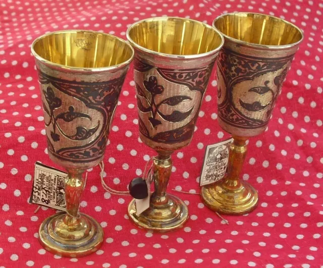 Antique Russian Kubachi Set of 3 Vintage Silver Cups Niello  USSR Gold Gilt