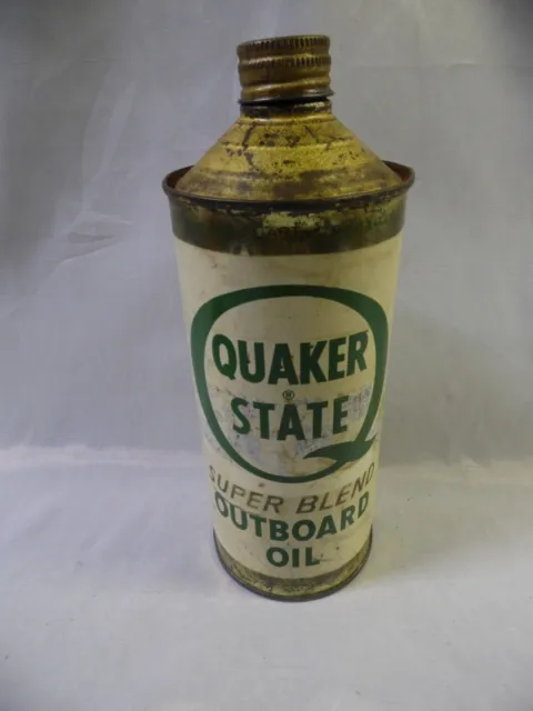 Vintage Quaker State Super Blend Outboard Oil Quart Metal Cone Top Can!