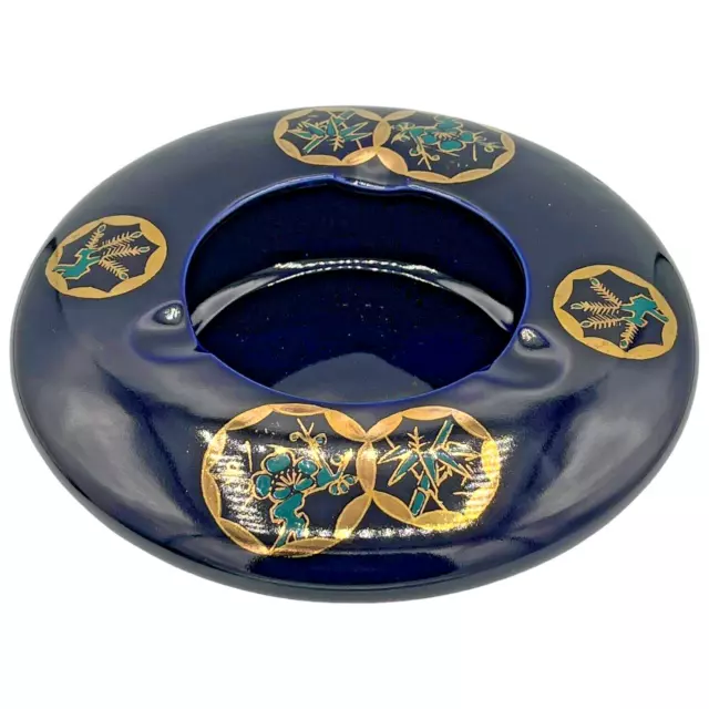 Cobalt Blue Oriental Cigar Cigarette Ash Tray Ceramic Bamboo Floral Feathers
