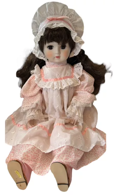 16" Porcelain Girl Doll Brown Hair And Eyes Vintage Pink dress