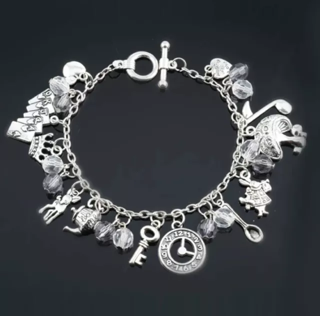 Hot! Alice's Wonderland Crystal Charm Bracelet Silver Tea Pot Clock White Rabbit