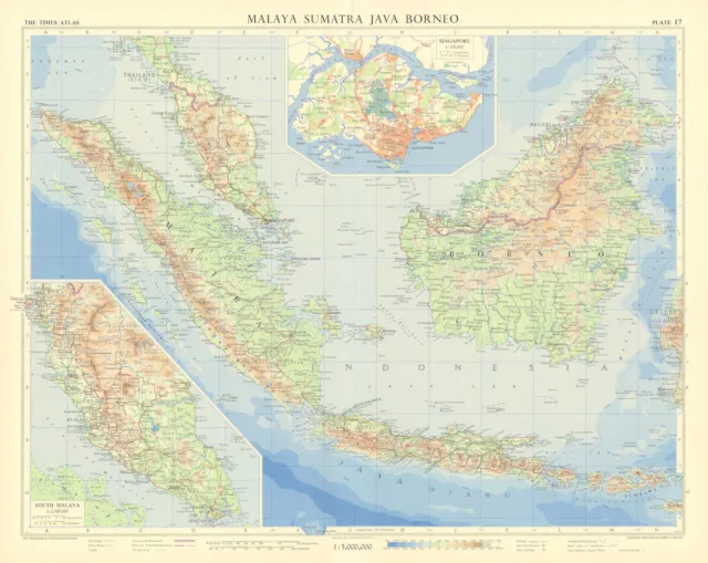 Malaya Sumatra Java Borneo Singapore. Indonesia Malaysia. TIMES 1958 old map