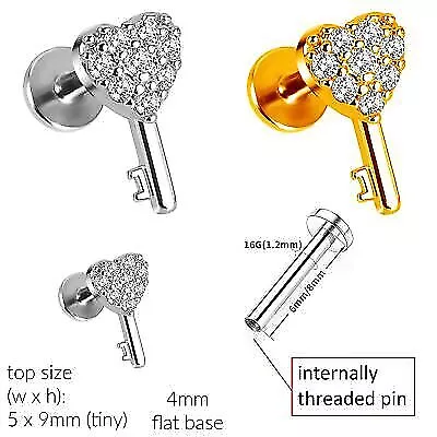 Heart Key Labret * Internally threaded 6 or 8mm Bar * Cartilage, Tragus, Lip