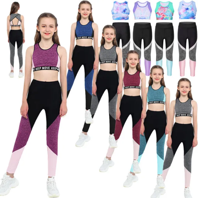 Kids Girls Outfit Workout Gymnastics Dancewear Set Crop Tank Top Stretch PantS