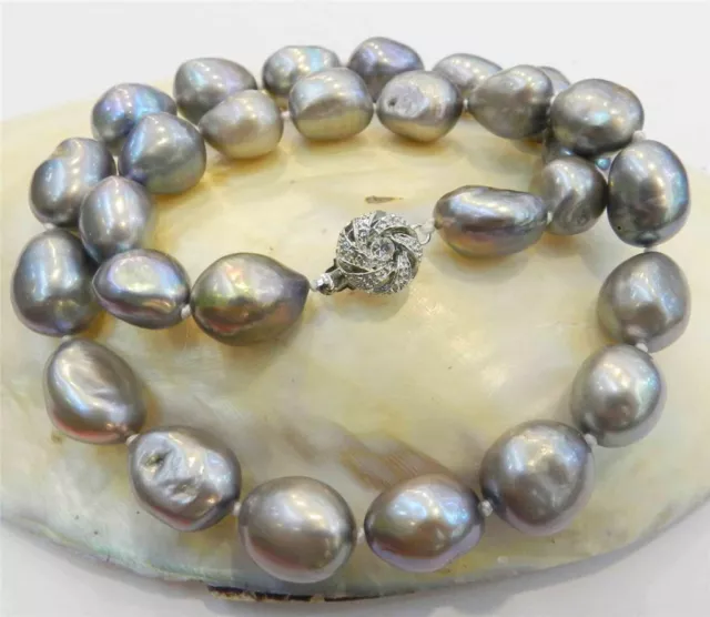 Large 12-14Mm Silver Grey Real Baroque Cultured Pearl Necklace 18Kgp Crystal Cl 3