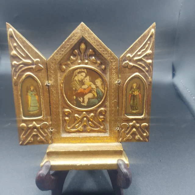 Antique Folding Triptych Madonna and child.. Guilded.  Made in Italy
