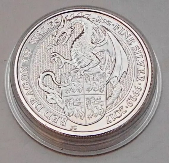 Queens Beasts Red Dragon of Wales 2 oz Fine Silver Coin 2017 - BU 9999