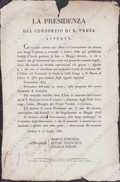 1835 VENEZIA Presidenza Consorzio Presa scoli Cesenego Luson Menegon editto