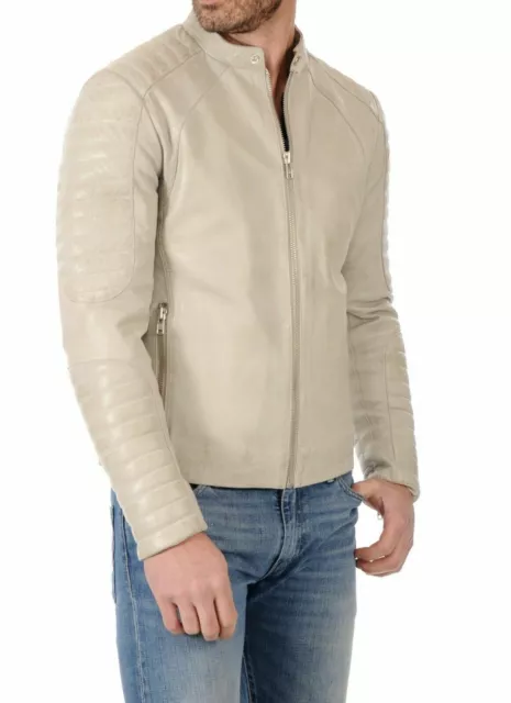 Cream Color Men's Leather Jacket Genuine Lambskin soft Leather Biker Moto Jacket