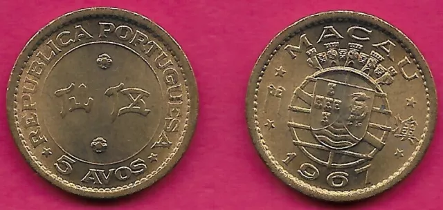 Macau Portuguese Colony 5 Avos 1967 Unc Portuguese Shield Flanked By Upper And L