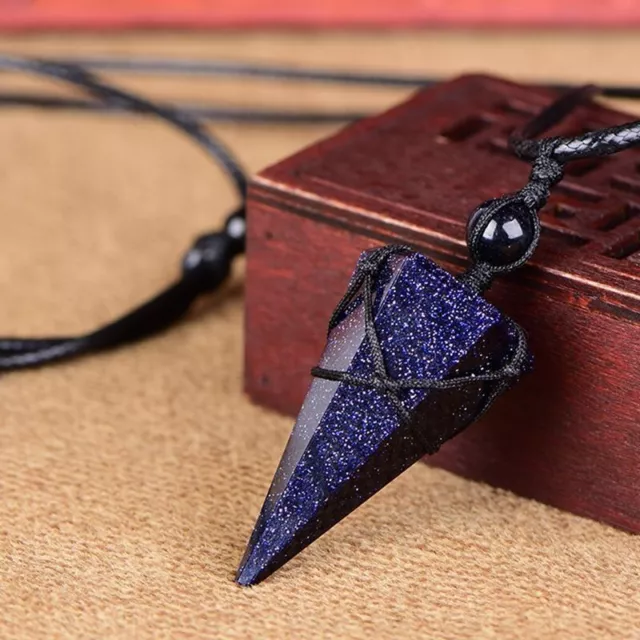 Blue Goldstone Pendant Healing Reiki Hexagonal Point Men Women Necklace Gifts