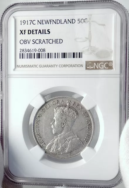 1917 CANADA Newfoundland UK King George V Genuine SILVER 50CENTS Coin NGC i81978 3