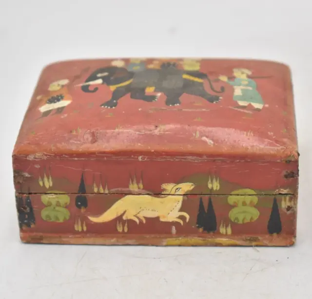 Vintage Handmade Wooden Box with Elephant Scene Storage Box/ Trinket Box
