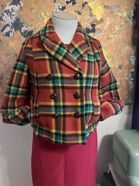 ADORABLE Free People Cropped Double Breasted Wool Blend Plaid Jacket Size 8
