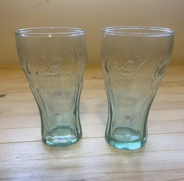 Set Of 2 Vintage Green Glass Coca Cola Coke Glasses 3" Mini Glasses Shot Juice