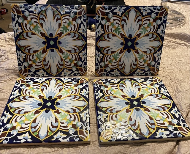 Antique Art Nouveau square tiles, set of four, 8 X 8"