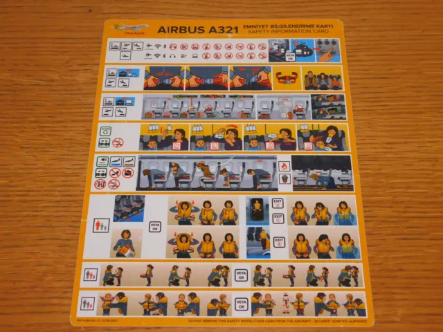 PEGASUS Safety information card CONSIGNES de SECURITE airbus A321 turquie TURKEI