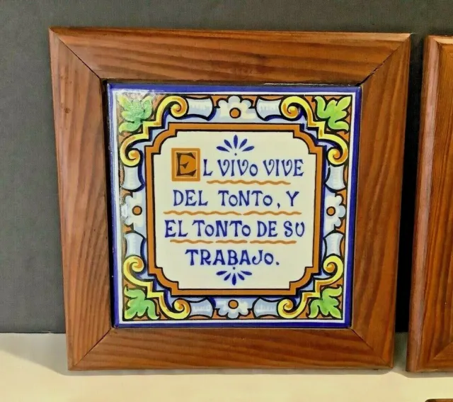 Set 4 VTG Spain Ceramic Talavera Hand-Painted SPANISH QUOTES 6"x 6" Decor Tiles 2