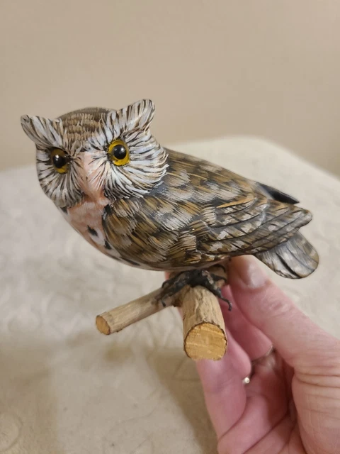 Vtg Owl Hand Carved and Painted Wood Figurine Art by John J Madison Co 3.5 In