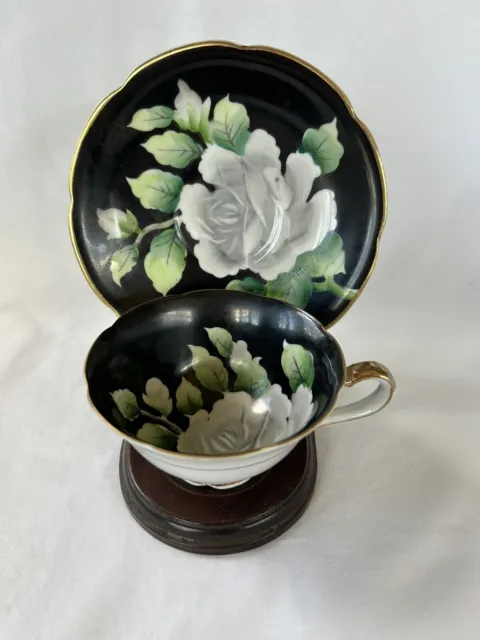 Vtg Occupied Japan GZL Hand Painted Cup & Saucer Black with White Rose 1940s 50s