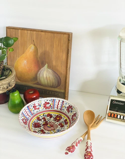 Vtg Majolica Italian DIPINTO A Mano Art Pottery Rooster Salad Bowl w Fork Spoon 2