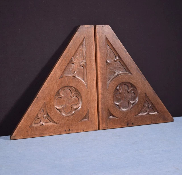 Pair of Gothic Carved Architectural Panels/Trim in Solid Oak Wood Salvage 3