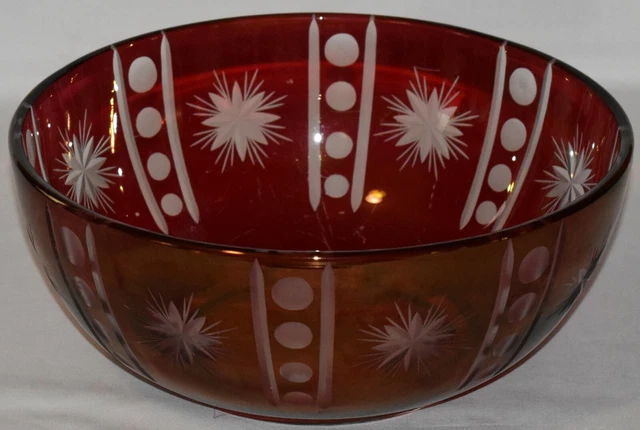 Vintage Ruby Stained Cut To Clear Glass 10" Bowl Stars & Circles