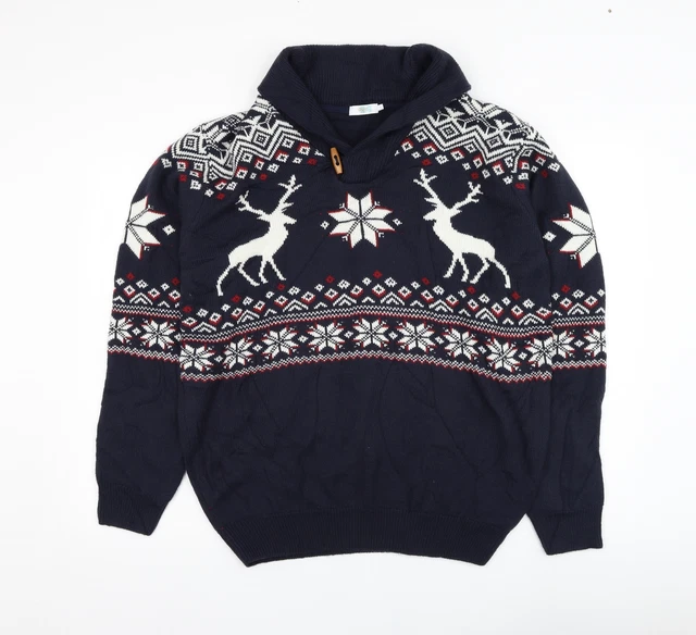 Cotton Traders Mens Blue Roll Neck Fair Isle Acrylic Pullover Jumper Size L - Ch