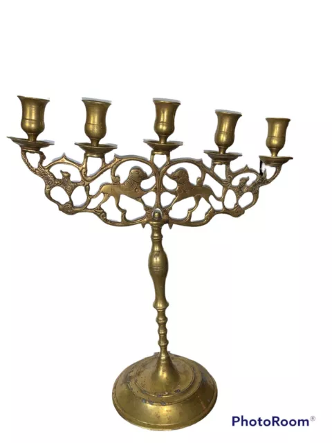 Antique Brass 5 Arm Sabbath Shabbat Candelabra Candle Holder King Lion Jewish