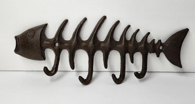 Fish Skeleton Bones Key Hook Rack Metal Rustic Nautical Decor  Vacay Beach Lake