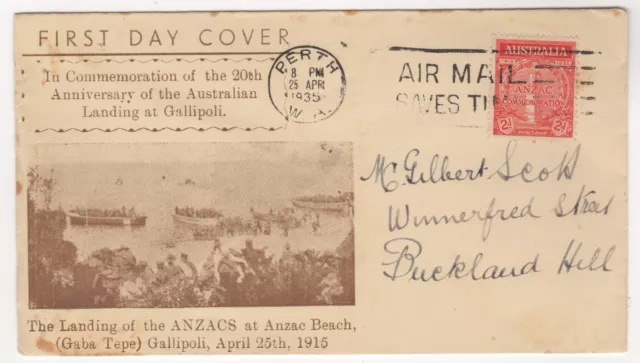 1935 Apr 25th. Commemorative Cover. 20th Anniversary of ANZAC Landing.