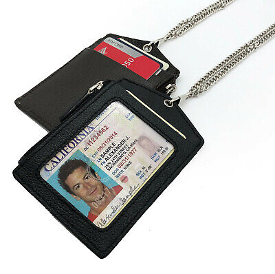 Black Genuine Leather ID Badge Holder Lanyard Card Holder Wallet Neck Strap