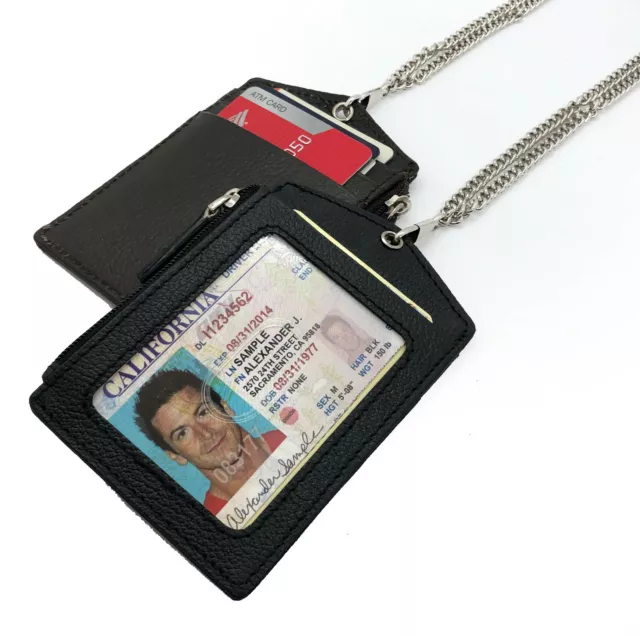 Black Genuine Leather ID Badge Holder Lanyard Card Holder Wallet Neck Strap