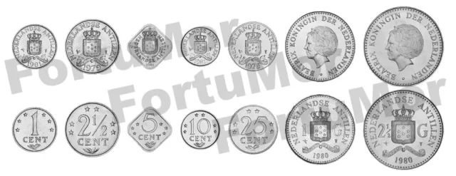 Netherlands Antilles, UNC, 7 PCS COIN SET, 1 2 1/2 5 10 25 Cents 1 2 1/2 Gulden