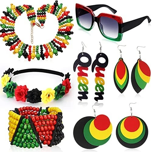 7 Womens African Jewelry Set Multicolor Rasta Beaded Bracelet Necklace Wood
