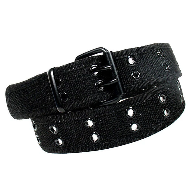 Canvas Web Belt Two Hole Grommets Black Metal Roller Buckle Men Women, Blac V4J4