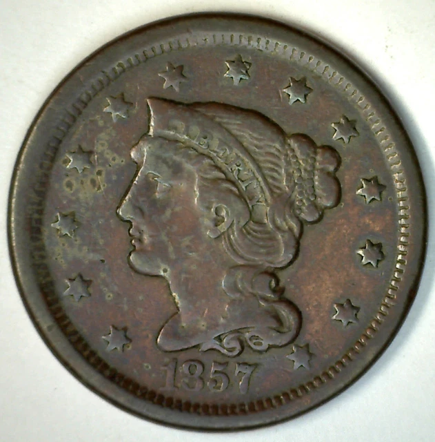 1857 Braided Hair US Large Cent Coin 1c Circulated Extra Fine Small Date Penny