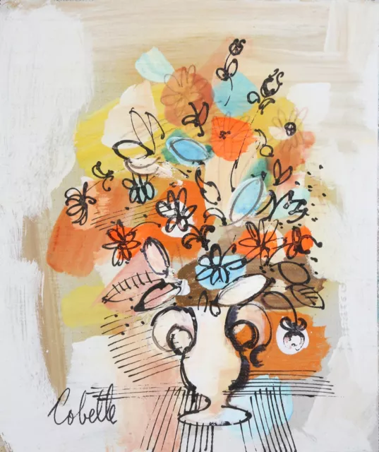 Charles Cobelle, Vase mit Blumen (Orange Und Blau ) 1, Acryl auf Leinwand, Signe