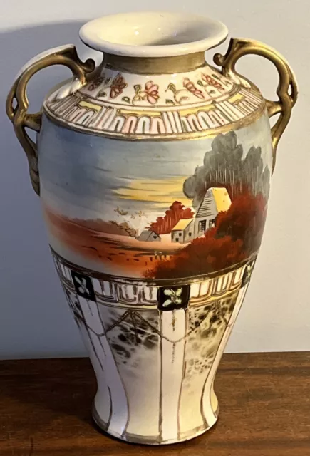 Large Nippon Hand Painted Double Handled Vase Large 12.25" Tall