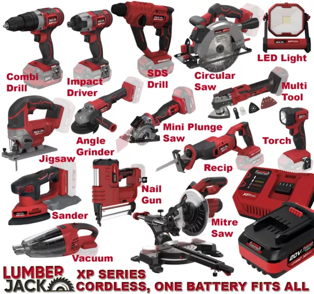 Lumberjack Cordless Power Tools 20V Lithium XP Range Drills Saws Nailers Kits