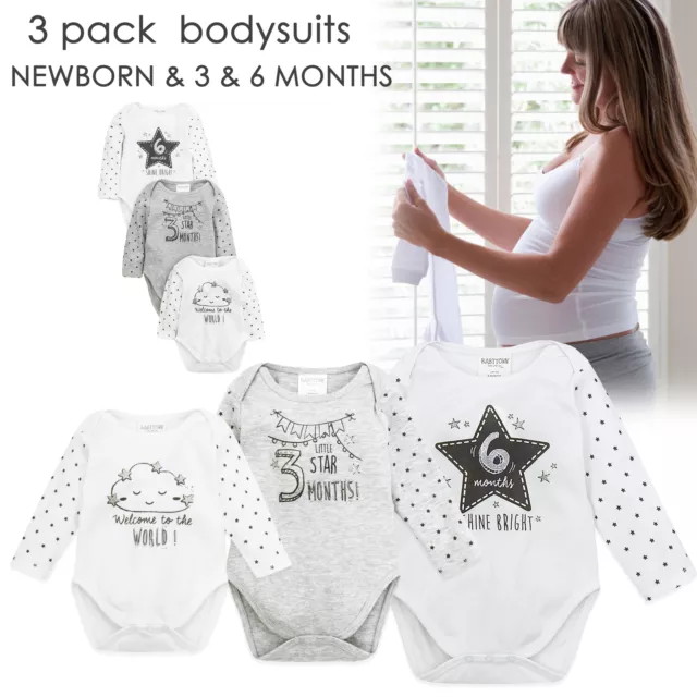 Baby Girls Boys Bodysuits Long Sleeve Multipack Milestone 3 Pack Set 0-3-6 Month
