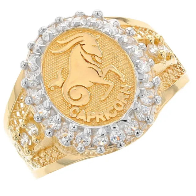 JackAni 10k or 14k Solid Yellow Gold CZ Accented Men's Capricorn Zodiac Ring