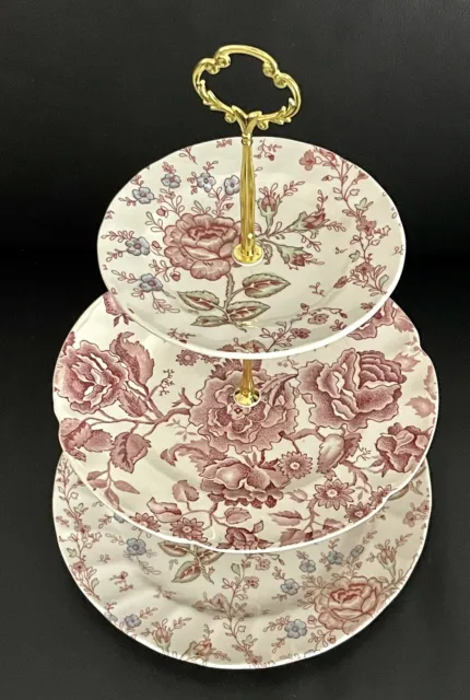 Beautiful Johnson Bros Rose Chintz Chippendale Large 3-tiered Cake Stand