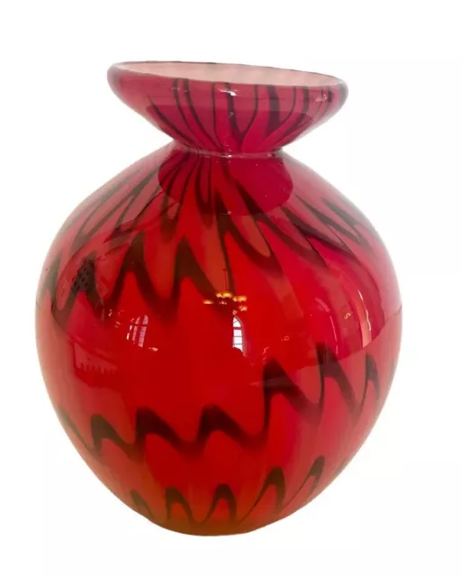 Art Glass Vase Red Black 4” Round Heavy Mid Century Modern Italian Style MCM