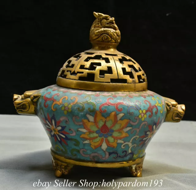 8" Marked Old Chinese Bronze Enamel Cloisonne Dragon Lid incense burner Statue
