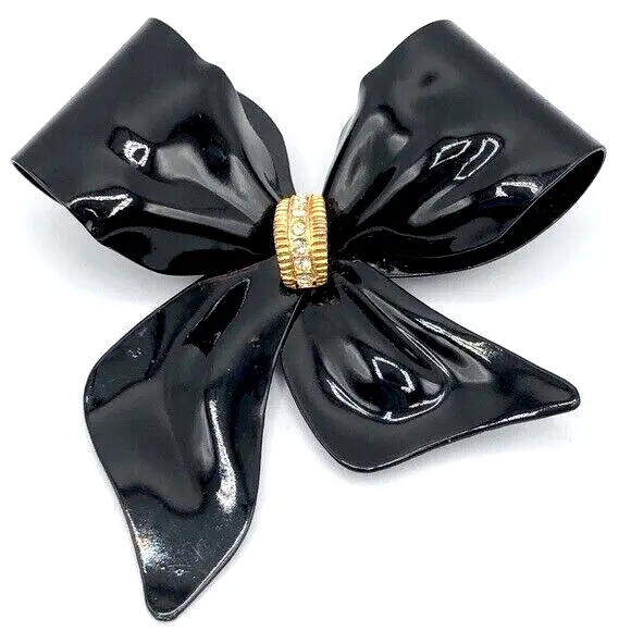 Vintage Black Enamel Large BOW Pin, Brooch, Rhinestone Accented-Beautiful!