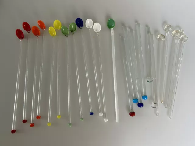 22 Vintage Glass Swizzle Sticks Drink Cocktail Stirrers Straws Spoon End