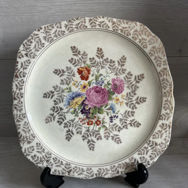 Elijah Cotton Ltd Lord Nelson Ware Staffordshire Ceramic Floral Gold Cake Plate