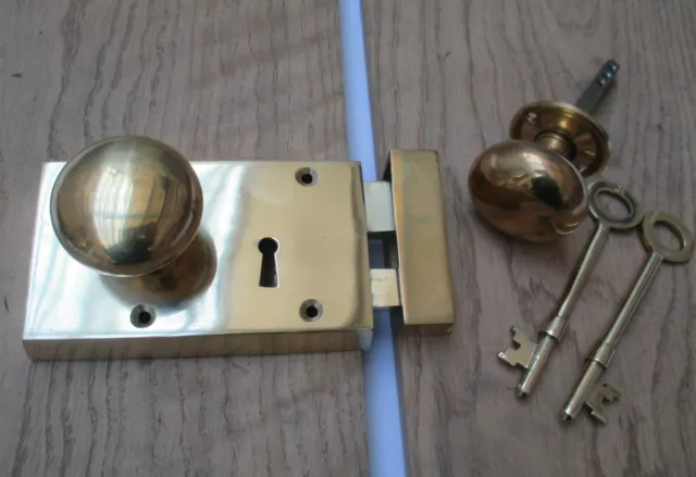 Solid Brass Vintage Retro Old English Victorian Rim Door Knob Key Lock Set